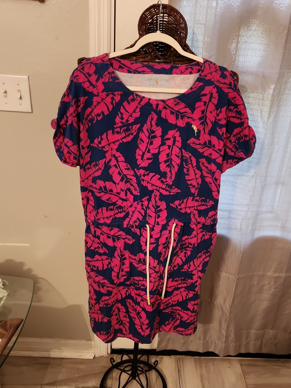 Margaritaville Navy Dress with Hot Pink Leaf Print